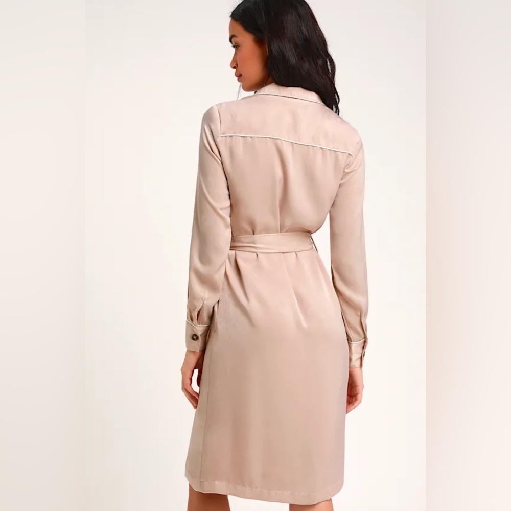 The Lulus Elise Satin Long Sleeve Midi Shirt Dress | Blush | Medium | NWT - Picture 2 of 7